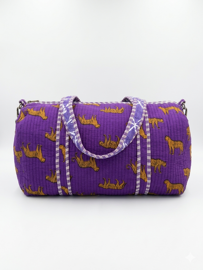 Purple Tiger Print Quilted Cotton Duffle Bag – Lightweight Travel Weekender