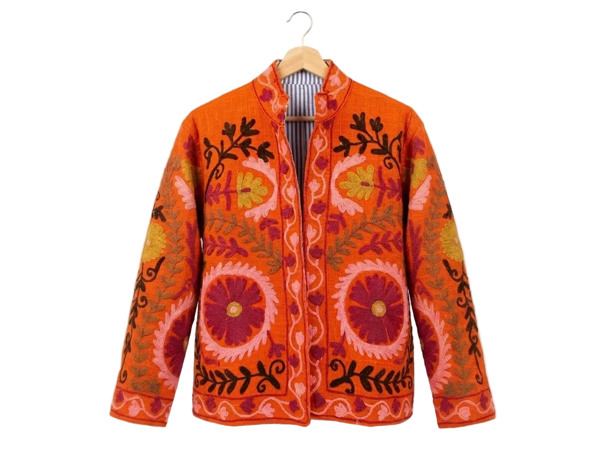 Women’s Amber Bloom Orange Suzani Reversible Cotton Jacket – Artistic Embroidered Statement Jacket
