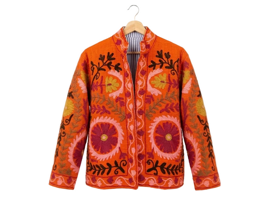 Women’s Amber Bloom Orange Suzani Reversible Cotton Jacket – Artistic Embroidered Statement Jacket