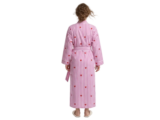 Pink heart riot women's cotton kimono. Cute pastel pink 
and white heart patterned lightweight cotton lounge robe.