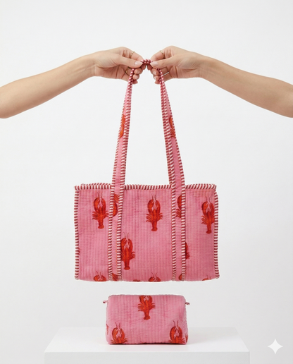 Lobster Love – Pink Quilted Tote & Pouch Set