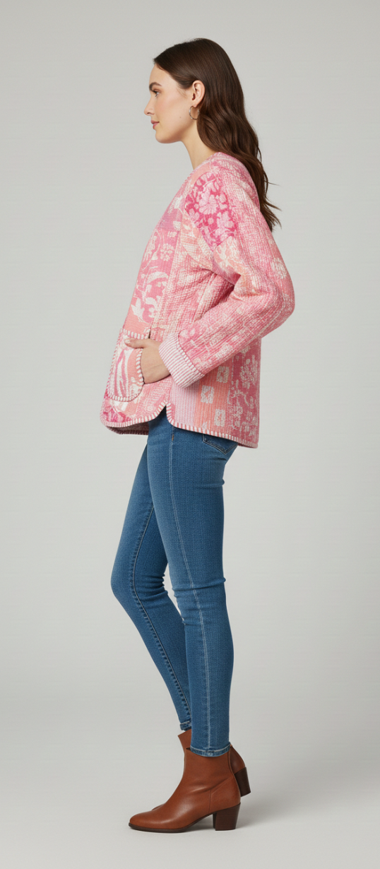 Women’s Pink Floral Patchwork Cotton Jacket | Button Front | Long Sleeves