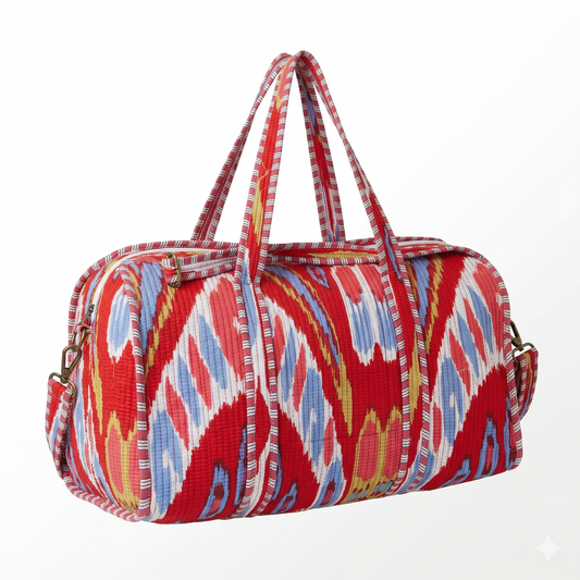 Red Ikkat Quilted Cotton Duffle Bag – Lightweight Travel Weekender