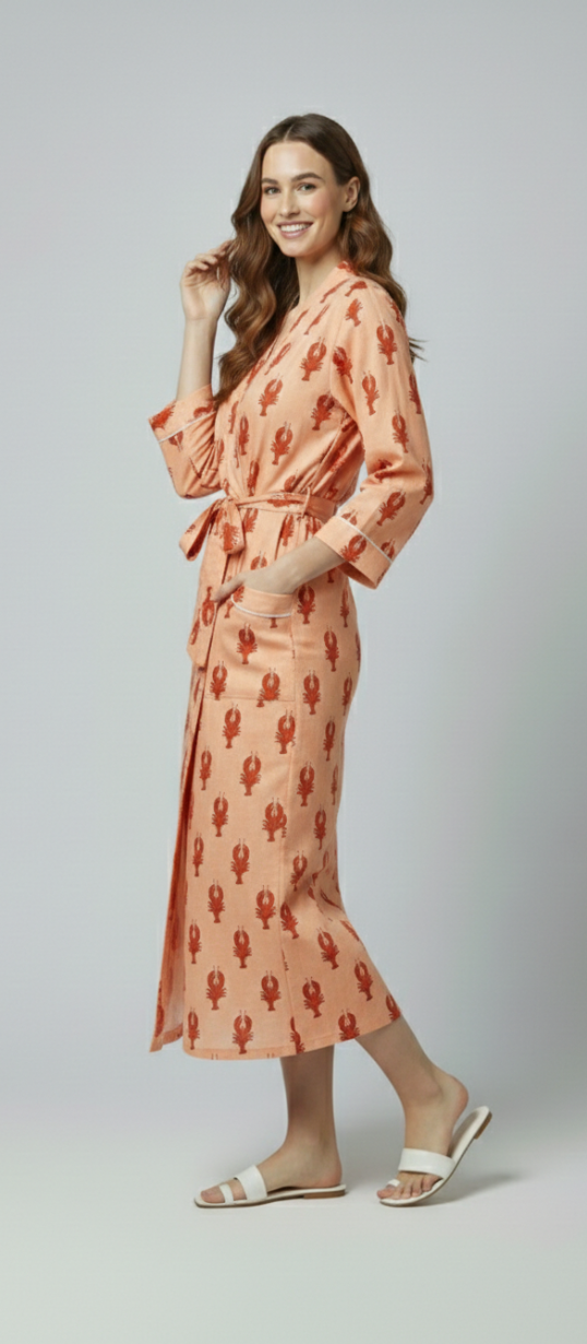 Women’s Peach Lobster Print Cotton Robe | Front Tie Waist | 3/4th Sleeves