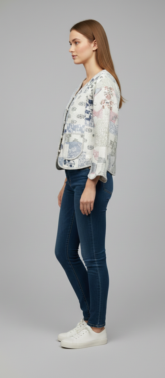 Women’s Pastel Patchwork Quilted Cotton Jacket | Front Button | Light Casual Jacket