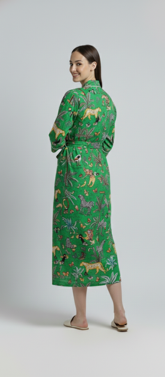Women’s Green Jungle Print Cotton Robe | Front Tie Waist | 3/4th Sleeves