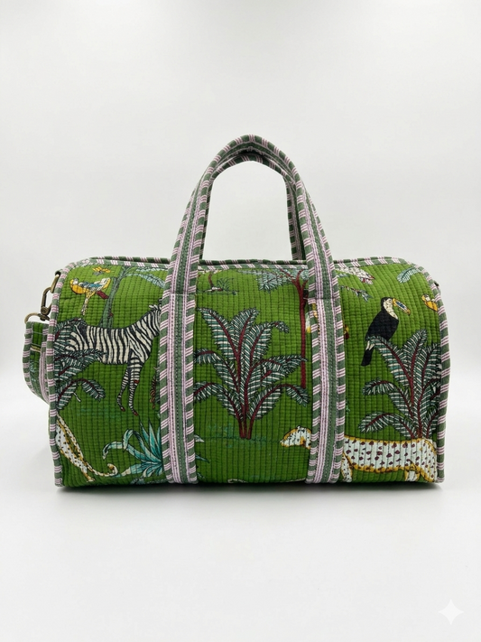 Green Safari Print Quilted Cotton Duffle Bag – Lightweight Travel Weekender