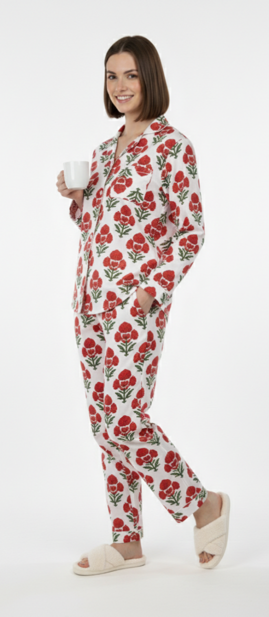 White & Red Floral Print Cotton Pajama Set for Women – Button-Down Nightwear & Loungewear