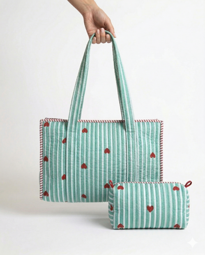 Heart Riot – Mint Green Quilted Tote & Pouch Set
