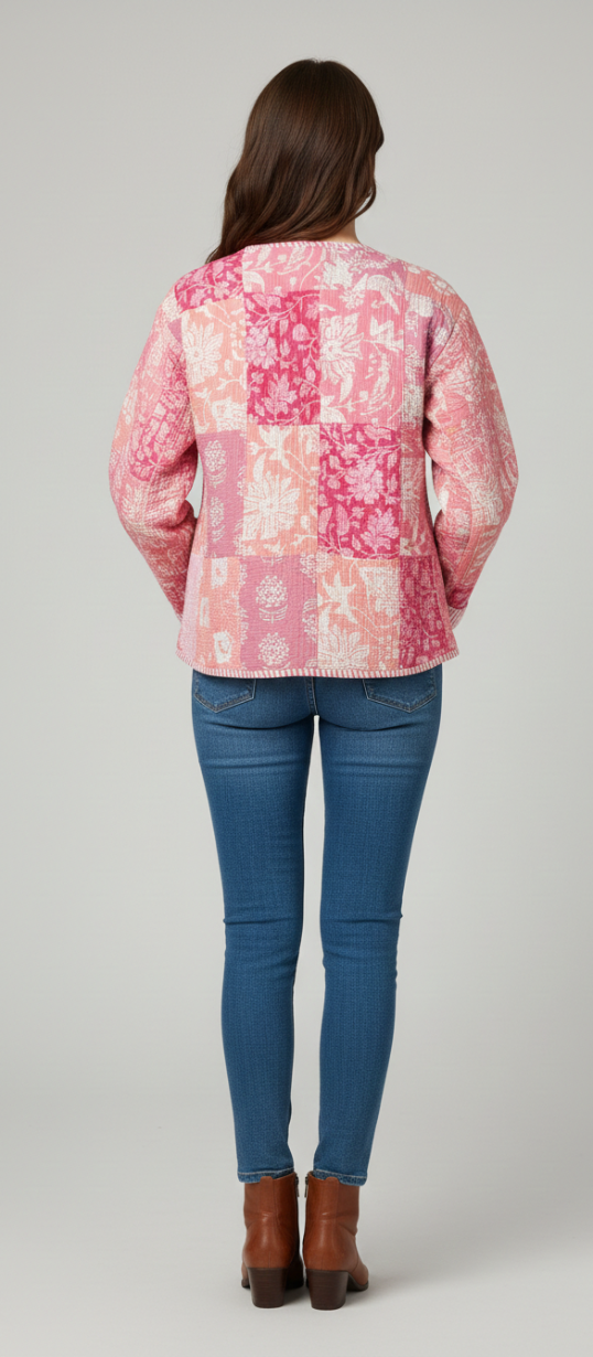 Women’s Pink Floral Patchwork Cotton Jacket | Button Front | Long Sleeves