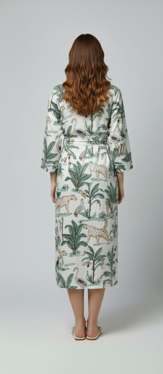 Women’s White Jungle Print Cotton Robe | Front Tie Waist | 3/4th Sleeves