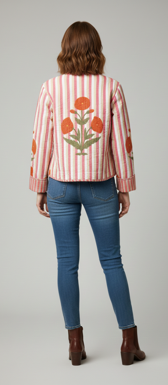 Women’s Pink Stripe Floral Print Cotton Jacket | Button Front | Long Sleeves