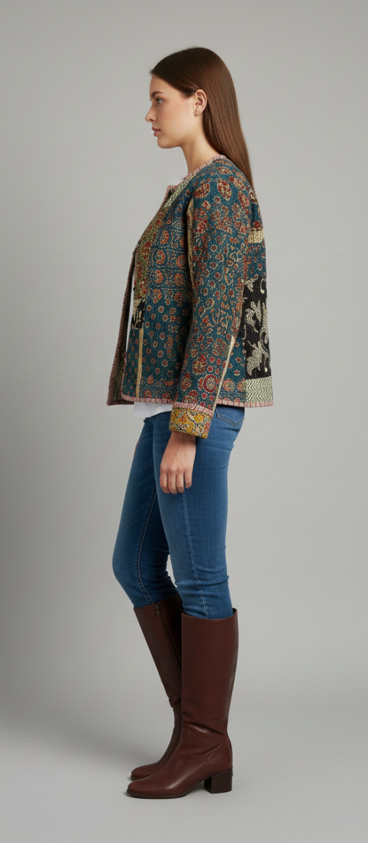 Women’s Teal Patchwork Print Cotton Jacket | Open Front | Long Sleeves