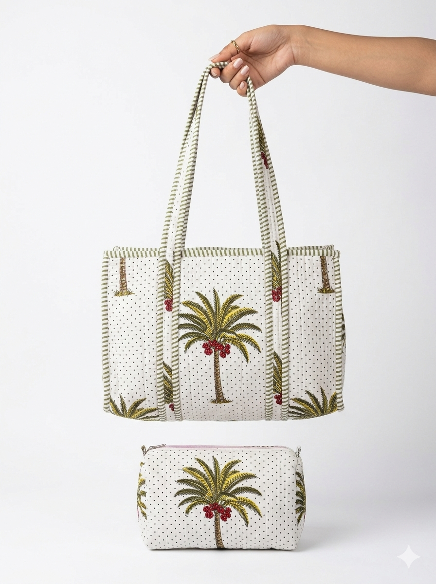 Palm Paradise – White Quilted Tote & Pouch Set