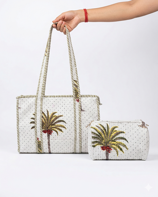 Palm Paradise – White Quilted Tote & Pouch Set