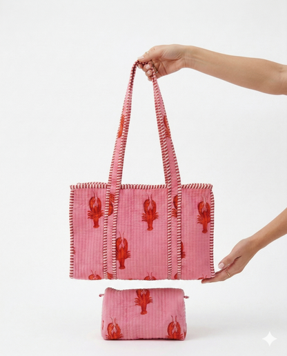 Lobster Love – Pink Quilted Tote & Pouch Set