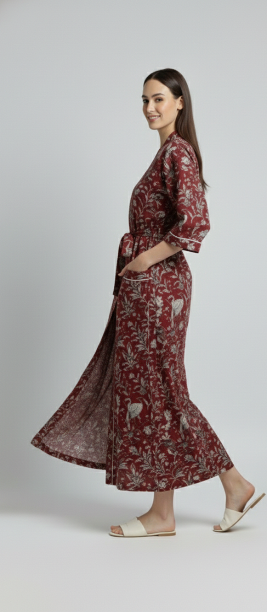 Women’s Maroon Bird & Floral Print Cotton Robe | Front Tie Waist | 3/4th Sleeves