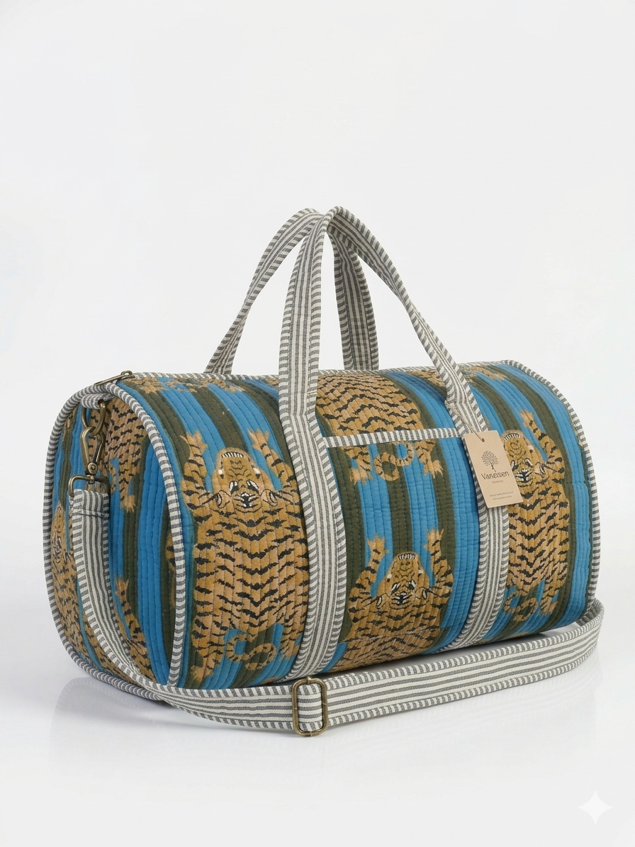 Blue Tiger Print Quilted Cotton Duffle Bag – Lightweight Travel Weekender