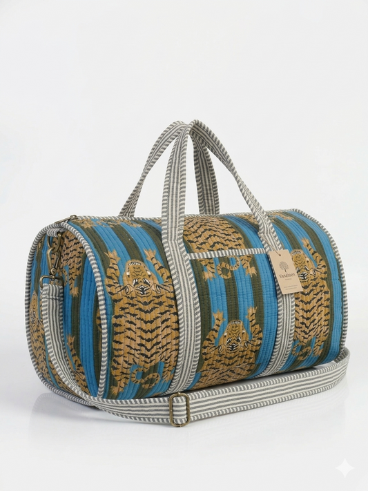 Blue Tiger Print Quilted Cotton Duffle Bag – Lightweight Travel Weekender