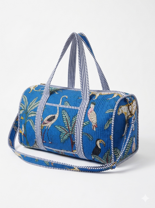 Blue Safari Print Quilted Cotton Duffle Bag – Lightweight Travel Weekender