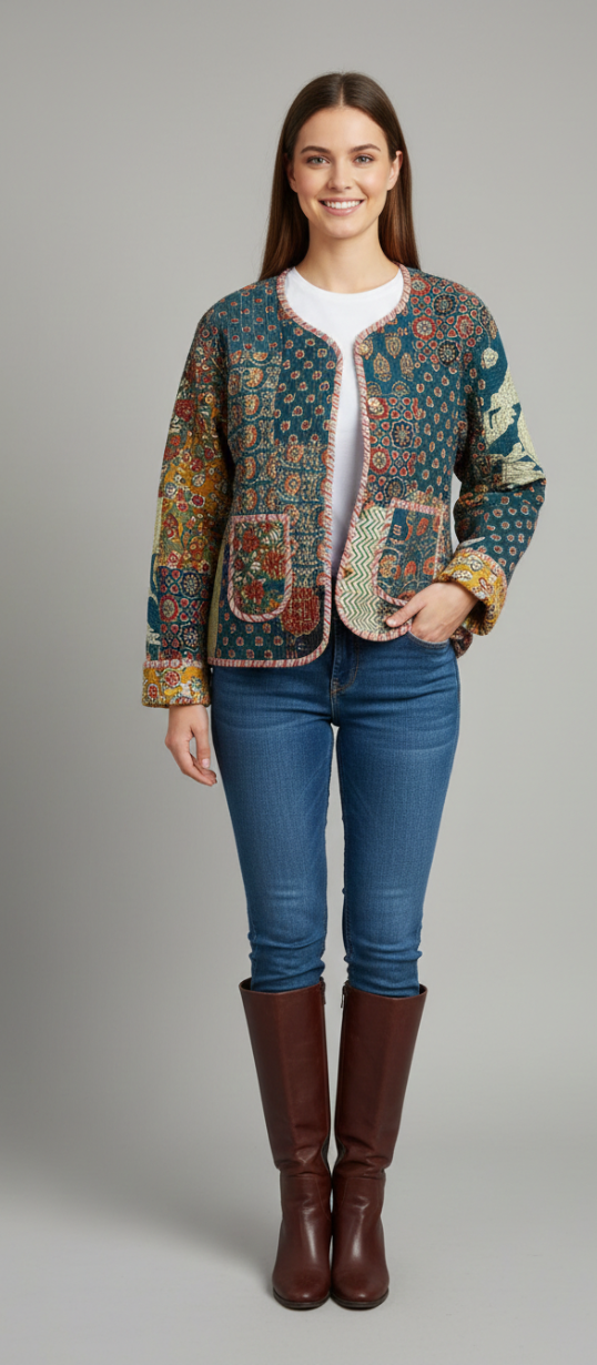 Women’s Teal Patchwork Print Cotton Jacket | Open Front | Long Sleeves