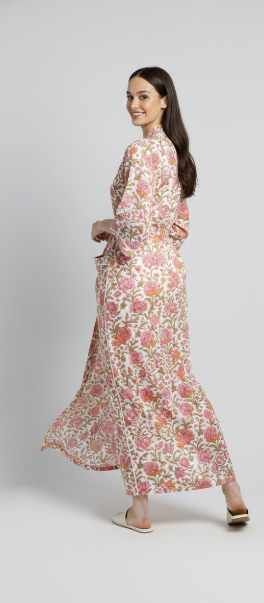 Women’s Pastel Floral Print Cotton Robe | Front Tie Waist | 3/4th Sleeves