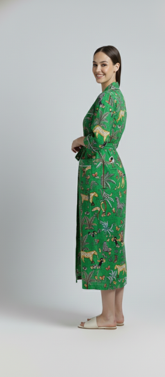 Women’s Green Jungle Print Cotton Robe | Front Tie Waist | 3/4th Sleeves