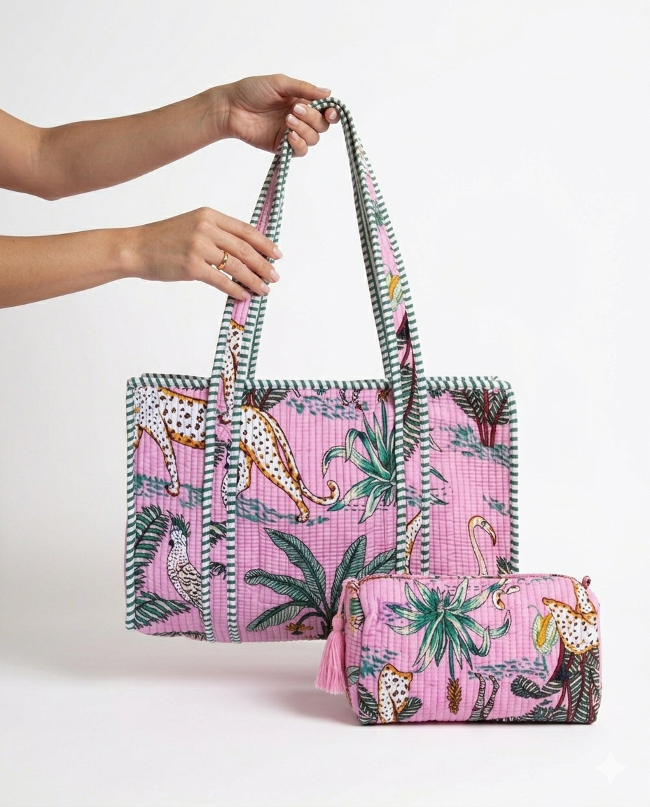 Pink Safari Quilted Tote & Pouch Set
