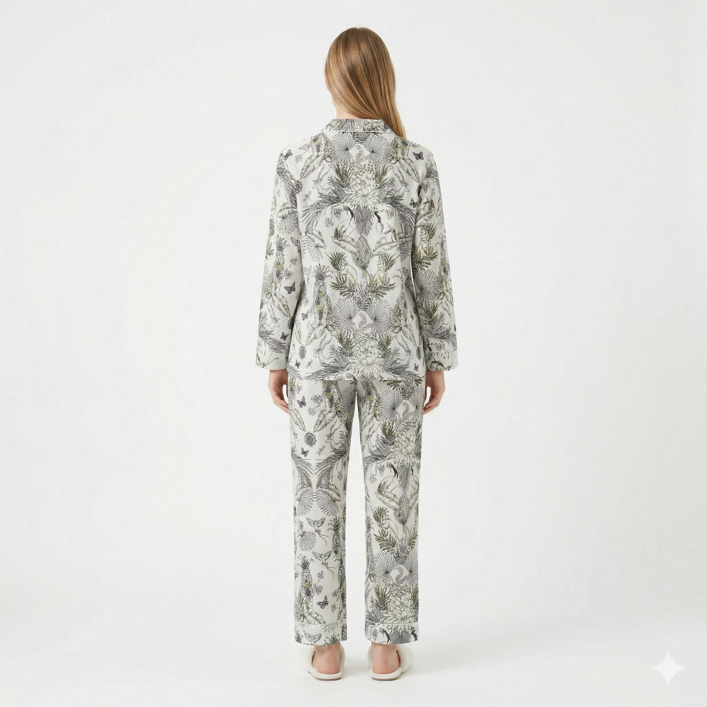 Women's White Jungle With Green Hue Print Cotton Night Suit Set – Elegant Two Piece Pajama Set