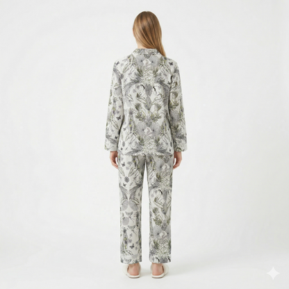 Women's White Jungle With Green Hue Print Cotton Night Suit Set – Elegant Two Piece Pajama Set