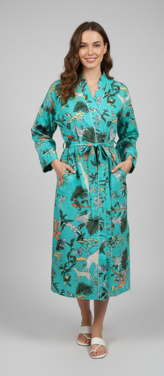 Women’s Teal Jungle Print Cotton Robe | Front Tie Waist | 3/4th Sleeves