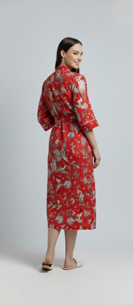 Women’s Red Botanical Print Cotton Robe | Front Tie Waist | 3/4th Sleeves