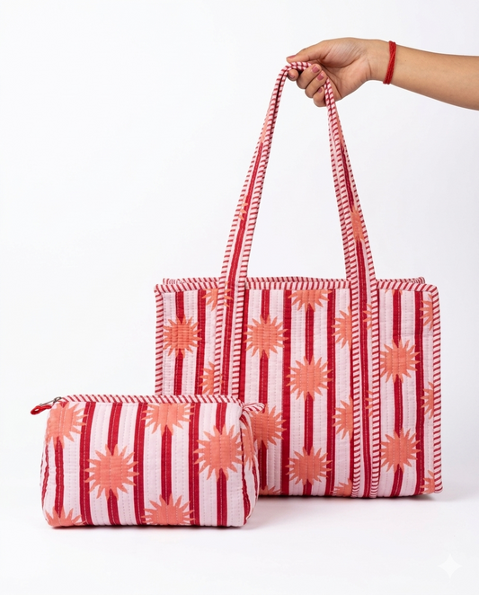 Coral Red Sunrise – Quilted Tote & Pouch Set
