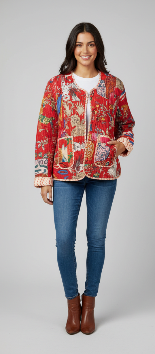 Women’s Red Patchwork Print Cotton Jacket | Front Open | Casual Handmade Style Jacket
