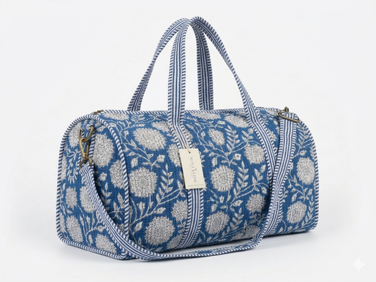 Blue Floral-2 Print Quilted Cotton Duffle Bag – Lightweight Travel Weekender