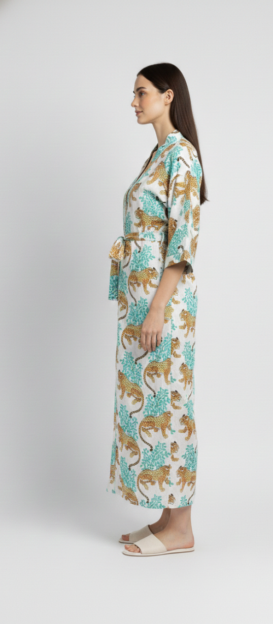 Women’s White Leopard Print Cotton Robe | Front Tie Waist | 3/4th Sleeves