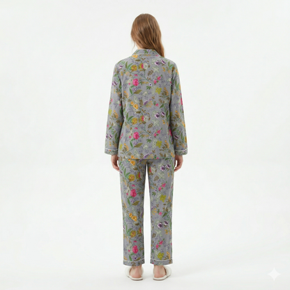 Women's Grey Garden Whispers Cotton Night Suit Set – Elegant Two Piece Pajama Set
