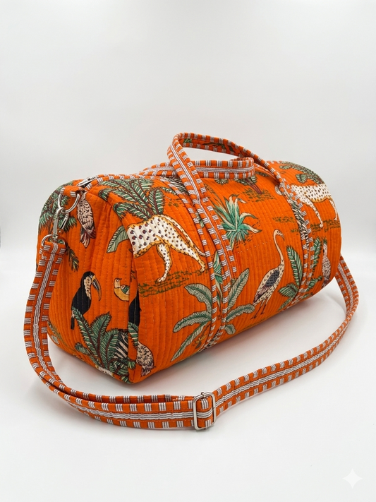 Orange Safari Print Quilted Cotton Duffle Bag – Lightweight Travel Weekender