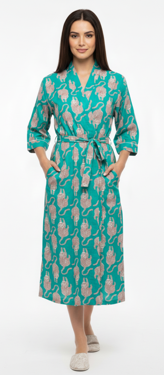 Women’s Teal Elephant Print Cotton Robe | Front Tie Waist | 3/4th Sleeves