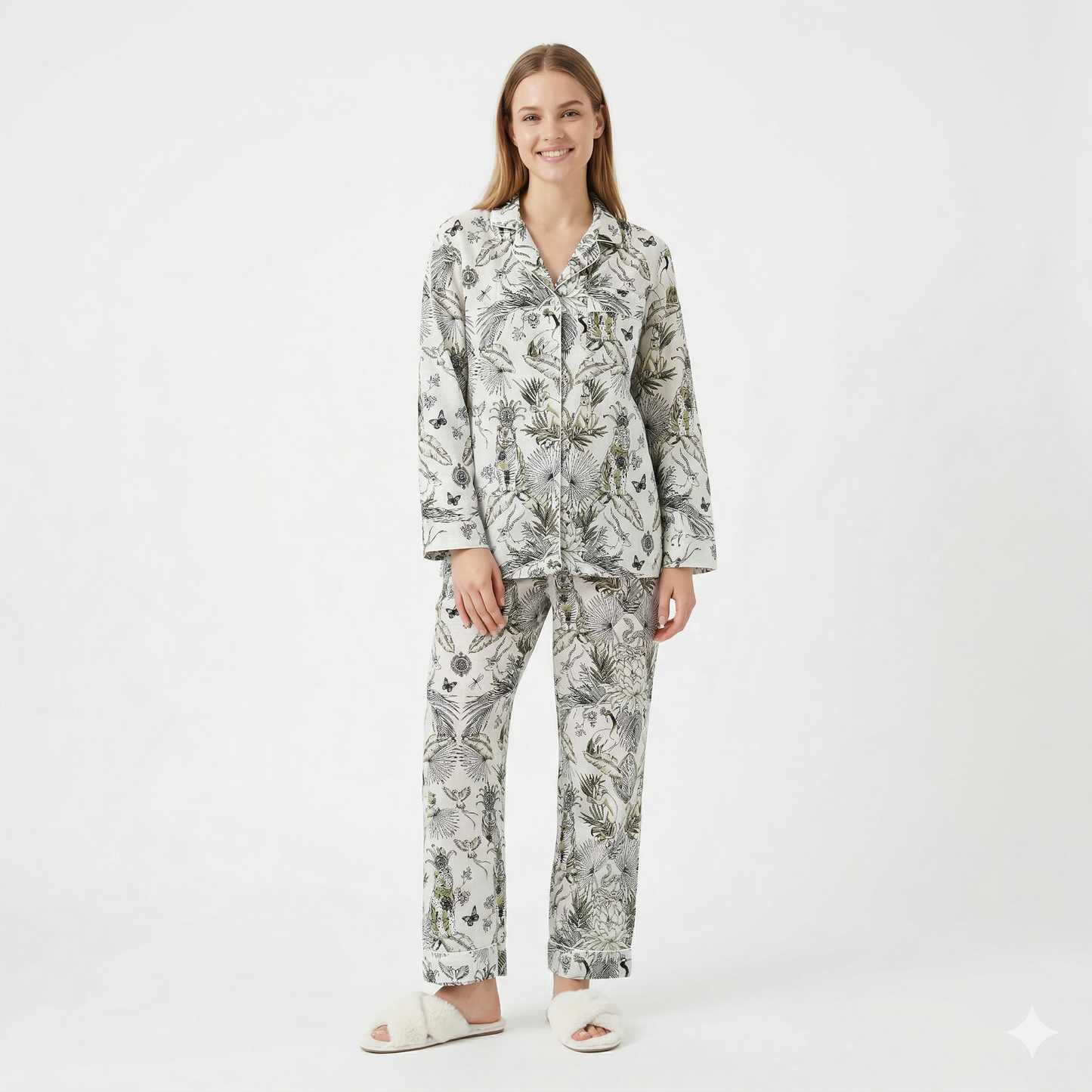 Women's White Jungle With Green Hue Print Cotton Night Suit Set – Elegant Two Piece Pajama Set