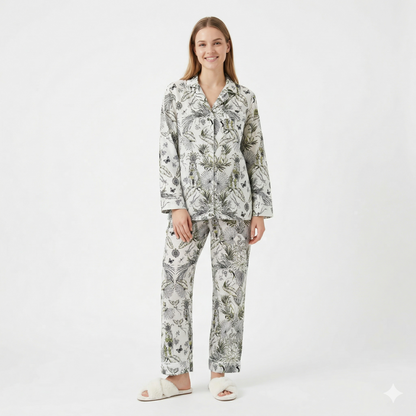 Women's White Jungle With Green Hue Print Cotton Night Suit Set – Elegant Two Piece Pajama Set