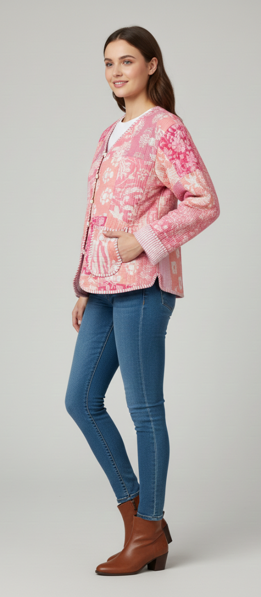 Women’s Pink Floral Patchwork Cotton Jacket | Button Front | Long Sleeves