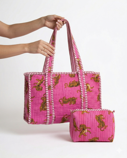 Pink Tiger Quilted Tote & Pouch Set