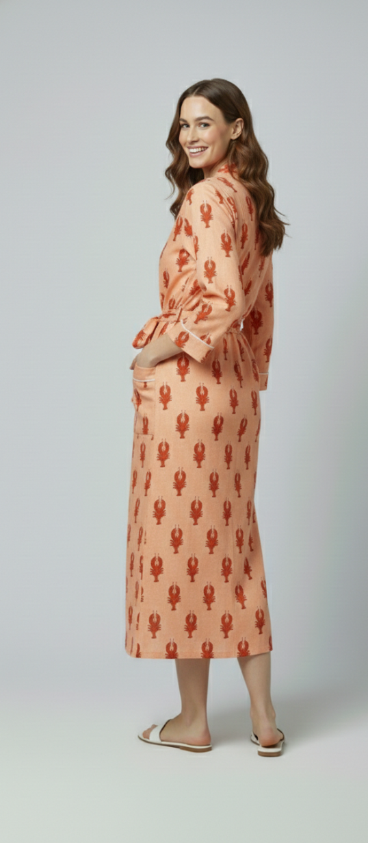 Women’s Peach Lobster Print Cotton Robe | Front Tie Waist | 3/4th Sleeves