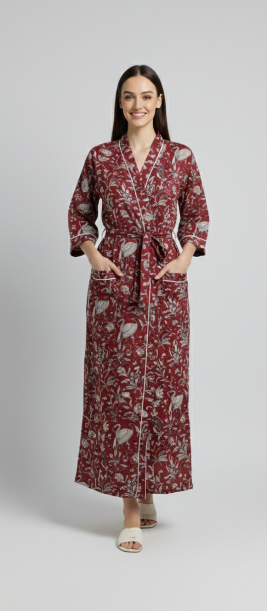 Women’s Maroon Bird & Floral Print Cotton Robe | Front Tie Waist | 3/4th Sleeves