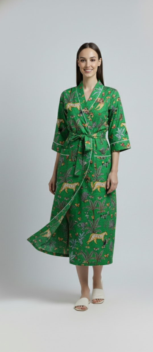 Women’s Green Jungle Print Cotton Robe | Front Tie Waist | 3/4th Sleeves