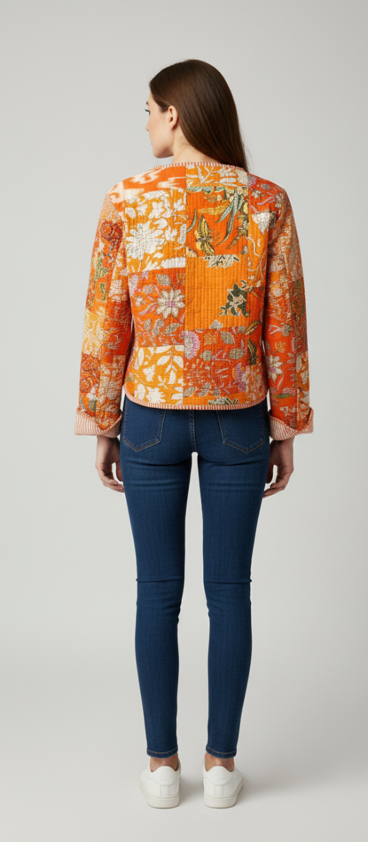 Women’s Orange Floral Patchwork Quilted Cotton Jacket | Front Button Casual Jacket
