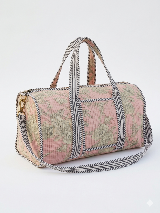 Peach Floral Print Quilted Cotton Duffle Bag – Lightweight Travel Weekender