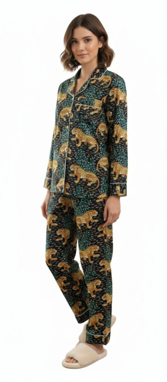 Women’s Printed Nightwear Pajama Set – Soft Button-Down Shirt & Relaxed Fit Pants