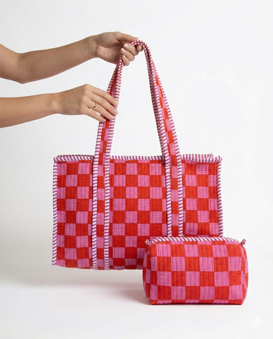 Orange pink checkered  – Quilted Tote & Pouch Set